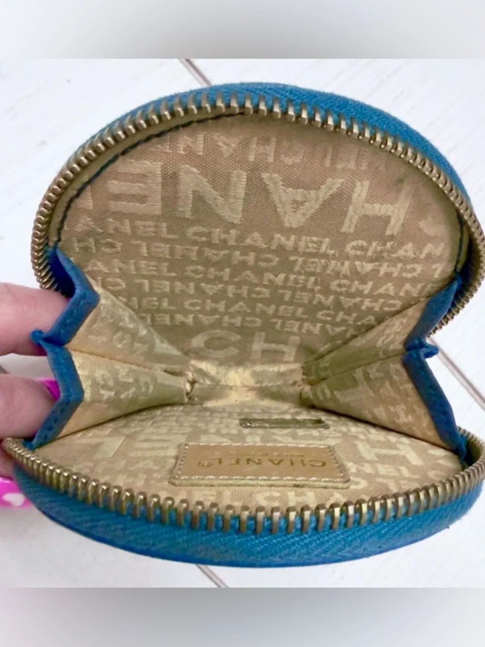 Rare Chanel Blue CC Logo Round Camellia Flower Lambskin Coin Purse Wallet